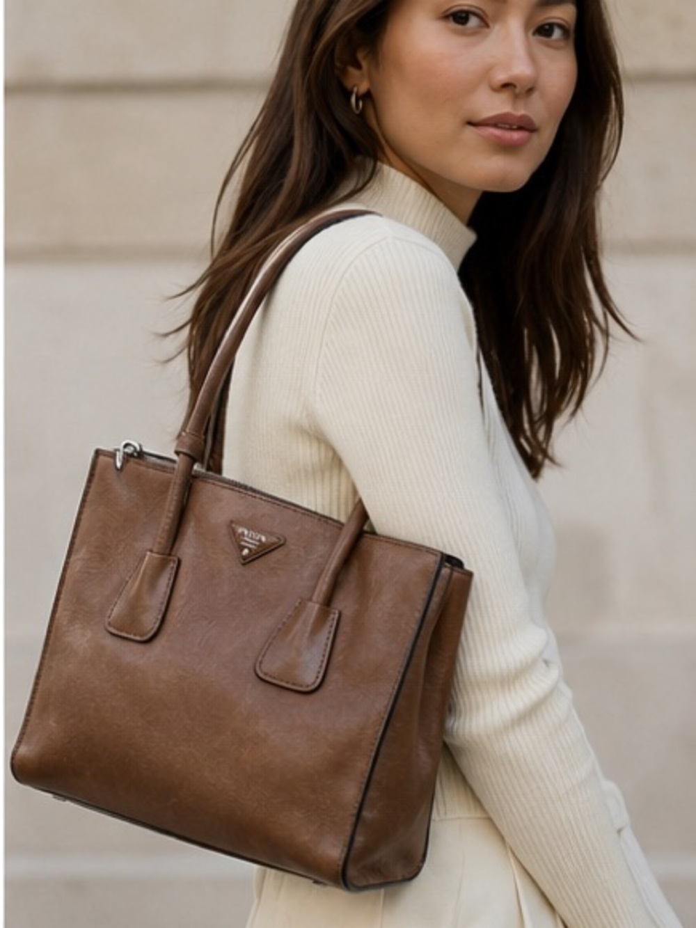 Prada Taupe Brown Leather Top-Handle Satchel